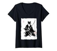 Femme Ninja Cat Samourai Peinture à l'encre Japonaise Sumi-e Vintage T-Shirt avec Col en V