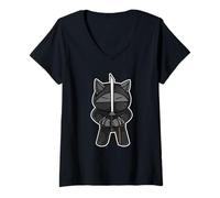Femme Ninja Cat Sword-Fighter Kawaii Arts Martiaux Karaté Ninjutsu T-Shirt avec Col en V