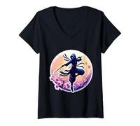 Femme Ninja Silhouette Moonlight Cherry Blossoms Samouraï Japonais T-Shirt avec Col en V