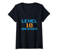 Femme Niveau 18 Débloqué Anniversaire Célébrer Dix-Huit Fête T-Shirt avec Col en V