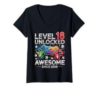 Femme Niveau 18 débloqué Awesome Since 2008 18th Birthday Gaming T-Shirt avec Col en V