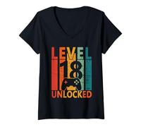 Femme Niveau 18 Débloqué Gamer Anniversaire Gaming Anniversaire Garçons Cadeaux T-Shirt avec Col en V