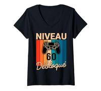 Femme Niveau 60 Ans Anniversaire Gamer 1965 Vintage Humour T-Shirt avec Col en V