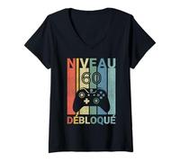 Femme Niveau 60 Ans Anniversaire Gamer 1965 Vintage Humour T-Shirt avec Col en V