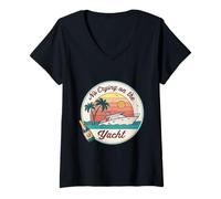 Femme No Crying on the Yacht Sunset Champagne Scène T-Shirt avec Col en V