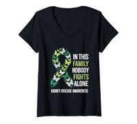 Femme No Fighting Alone Family Support de Sensibilisation aux Maladies rénales T-Shirt avec Col en V