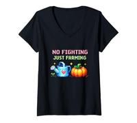Femme No Fighting Just Farming Jeu Cosy Pixel Citrouille T-Shirt avec Col en V
