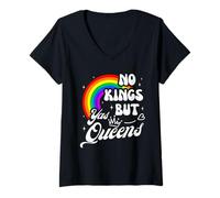 Femme No Kings But Yas Queens Retro Rainbow LGBTQ Pride Equality T-Shirt avec Col en V