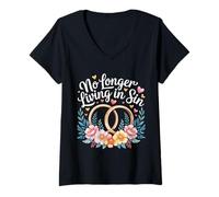Femme No Longer Living in Sin Mariage Couple de Mariage |- T-Shirt avec Col en V