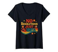 Femme No Resolutions Just Vibes Chemise rétro Fleurs NYE T-Shirt avec Col en V