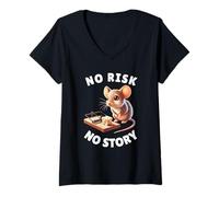 Femme No Risk No Story Souris mignonne et piège à souris Cadeau de motivation T-Shirt avec Col en V