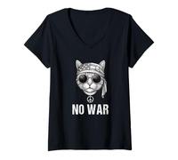 Femme No War Chat Peace Signe Bandana US Drapeau Anti Guerre Cat T-Shirt avec Col en V