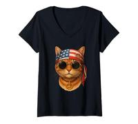 Femme No War Chat Peace Signe Drapeau US Bandana Anti Guerre Cat T-Shirt avec Col en V