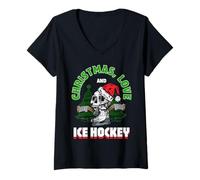 Femme Noël, Amour Et Hockey sur Glace - Esprit Festif sur La T-Shirt avec Col en V