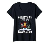 Femme Noël avec Mon Chiot Chien Cavalier Noël drôle T-Shirt avec Col en V