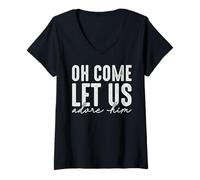 Femme Noël centré sur Le Christ Oh Come Let's Adore Him Vintage T-Shirt avec Col en V