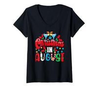 Femme Noël en août Bonjour Vacances d'été à la Plage T-Shirt avec Col en V
