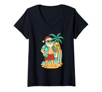 Femme Noël en juillet, Santa Beach Tropical Holiday Summer Fun T-Shirt avec Col en V