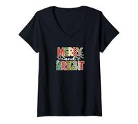 Femme Noël Merry and Bright White T-Shirt avec Col en V