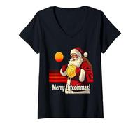 Femme Noël sats blockchain vacances finance investir Bitcoin T-Shirt avec Col en V