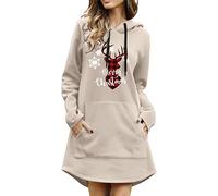 Femme Noël Sweat-Shirt Manches Longues Pull de Noel Femme, Sweatshirt Femmes à Capuche avec Impression Flocons de Neige Robe Longue Manches Poche pour Soirée Noël, Dîner en Famille, Cadeau Noël
