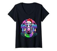 Femme Noël Synthwave Cheval Lunettes De Soleil Équitation Chevaux T-Shirt avec Col en V
