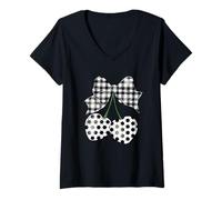 Femme Noeud à Carreaux Vichy et cœurs T-Shirt avec Col en V