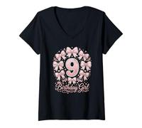 Femme Noeud Coquette Rose Anniversaire Fille 9ème Naissance T-Shirt avec Col en V