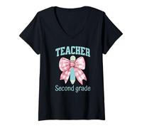 Femme Noeud Coquette rose pour professeur de deuxième année de rentrée scolaire T-Shirt avec Col en V