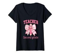 Femme Noeud Coquette rose pour professeur de deuxième année de rentrée scolaire T-Shirt avec Col en V