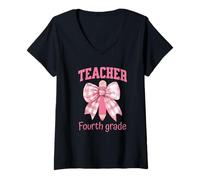 Femme Noeud Coquette rose pour professeur de rentrée scolaire de quatrième année T-Shirt avec Col en V