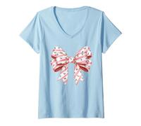 Femme Noeud de Noël Rose Coquette rayée Sucre d'orge Mignon T-Shirt avec Col en V