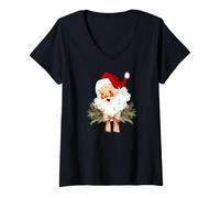 Femme Noeud Floral de Noël Vintage avec nœud Papillon Coquette Jolly Old Saint T-Shirt avec Col en V