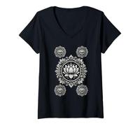 Femme Noir Blanc Lotus Mandala Floral Tattoo Style T-Shirt avec Col en V