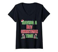 Femme Nom de la réunion de Famille « Having A BEV Christmas Time » T-Shirt avec Col en V