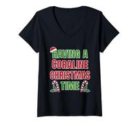 Femme Nom de réunion de Famille « Having A Coraline Christmas Time » T-Shirt avec Col en V