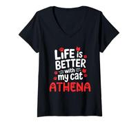 Femme Nom du Chat Athena Life is Better with My Cat Athena T-Shirt avec Col en V