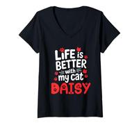 Femme Nom du Chat Daisy Life is Better with My Cat Daisy T-Shirt avec Col en V