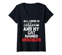 Femme Nom du Chat Hercules Gifts All I Need is Coffee Cat Named T-Shirt avec Col en V