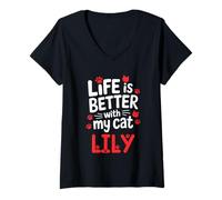 Femme Nom du Chat Lily Life is Better with My Cat Lily T-Shirt avec Col en V