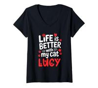 Femme Nom du Chat Lucy Life is Better with My Cat Lucy T-Shirt avec Col en V
