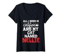 Femme Nom du Chat Nellie Gifts All I Need is Coffee Chat nommé Nellie T-Shirt avec Col en V