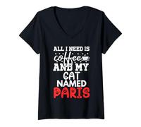 Femme Nom du Chat Paris Gifts All I Need is Coffee Chat nommé Paris T-Shirt avec Col en V