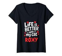 Femme Nom du Chat Roxy Life is Better with My Cat Roxy T-Shirt avec Col en V