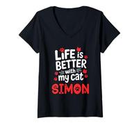 Femme Nom du Chat Simon Life is Better with My Cat Simon T-Shirt avec Col en V