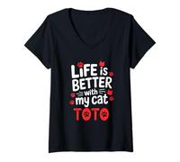 Femme Nom du Chat Toto Life is Better with My Cat Toto T-Shirt avec Col en V