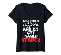 Femme Nom du Chat Vesper Gifts All I Need is Coffee Chat nommé Vesper T-Shirt avec Col en V