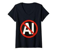 Femme Non à l'opposition des adversaires Anti-Intelligence Artificielle IA T-Shirt avec Col en V