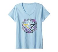 Femme Nonbinary Pentagram Wiccan Pagan Enby NB Pride Flag Boho T-Shirt avec Col en V