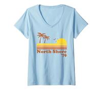Femme North Shore '79 Hawaii Vintage Oahu Haleiwa Surfing Surfer T-Shirt avec Col en V
